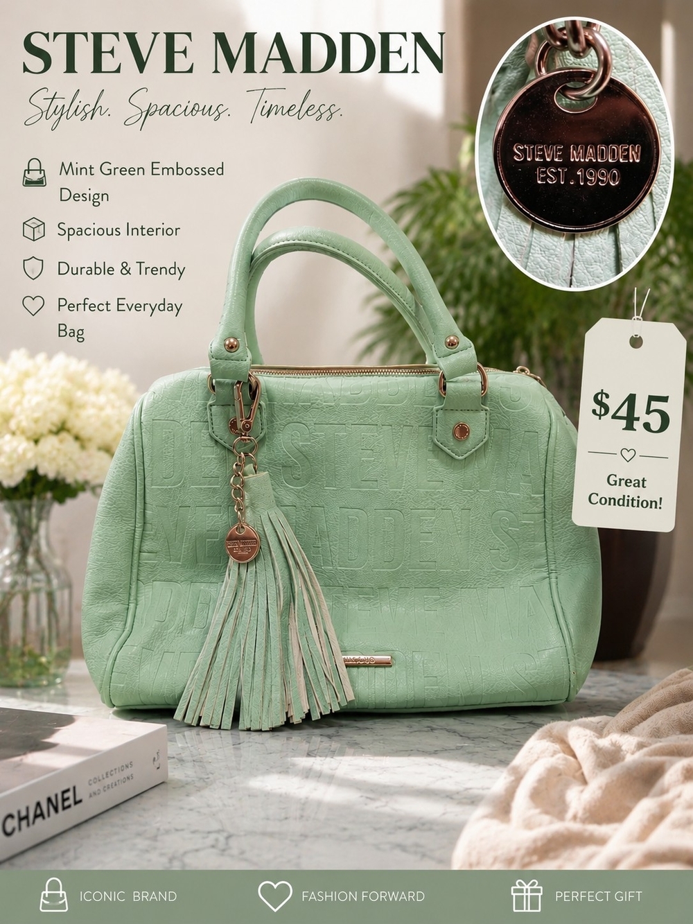 Steve Madden Mint Green Embossed Satchel with Tassel